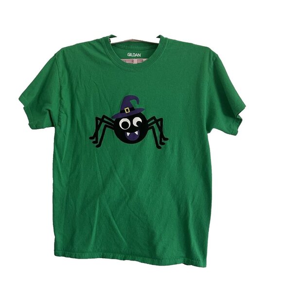 Gildan Tops - Gildan Halloween Green T-Shirt Black Spider Graphic Size L Short Sleeve